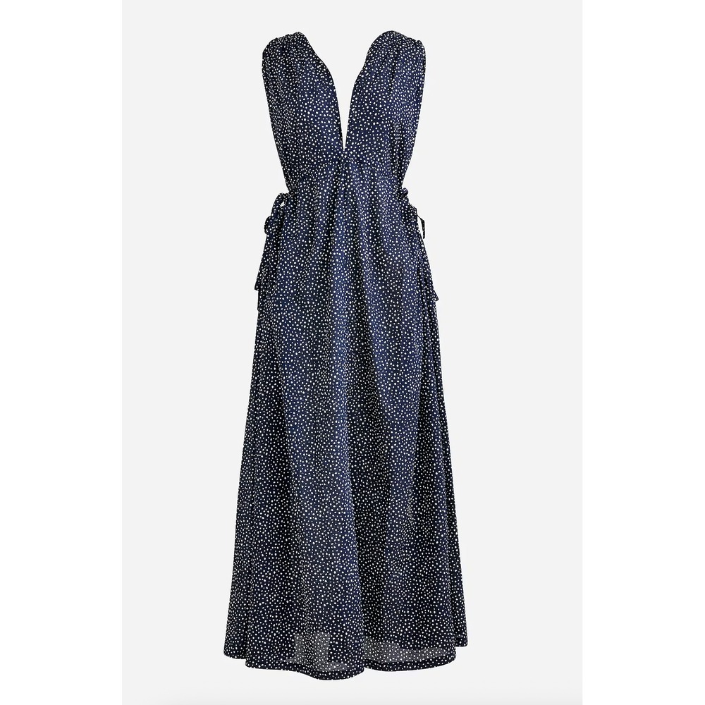J Crew 100% Cotton Side Tie Oversized Maxi Beach Dress in Navy Dot sz S